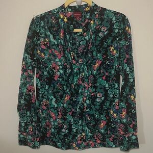 Merona Teal & Black Floral Pintuck Long-Sleeve Blouse